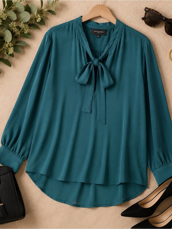 Banana Republic Factory Tops - Banana Republic XL Teal Tie Neck Long Sleeve Blouse